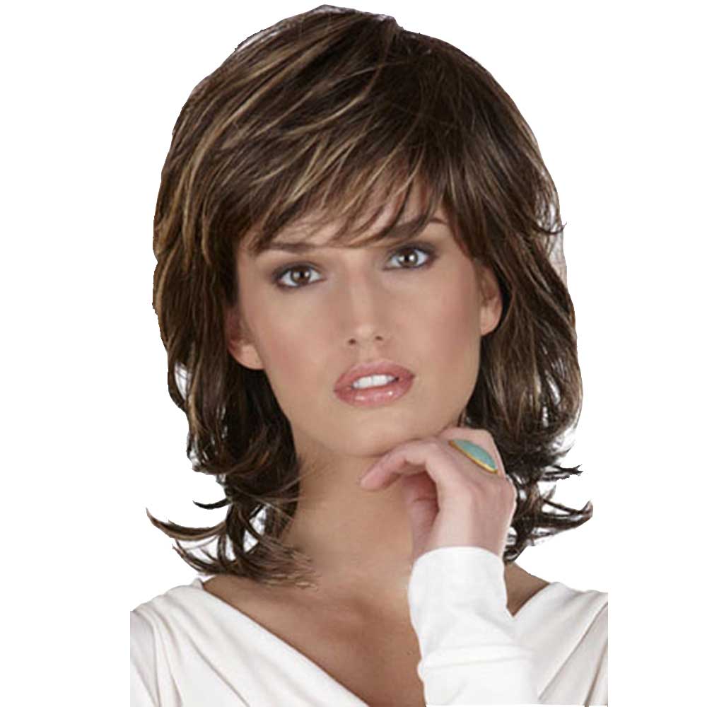 Medium Length Natural Wave Brown with Blonde Wigs With Bangs