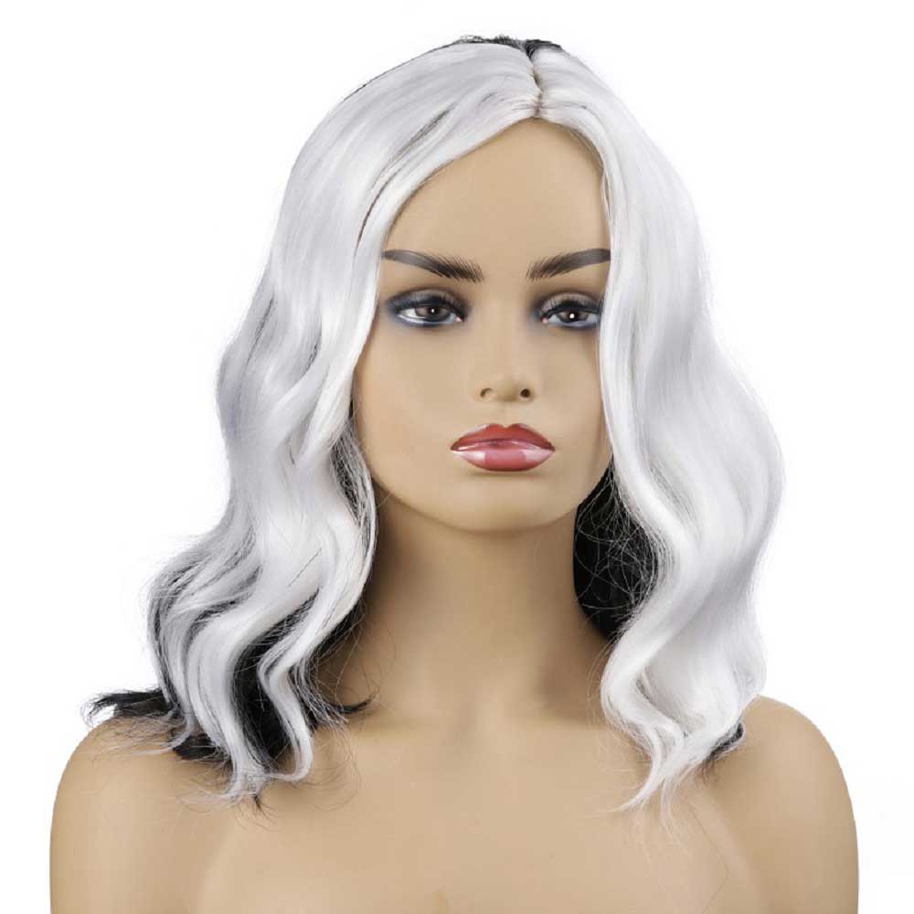 Short Bob Wavy Curly Black and White Wig For Women Cosplays