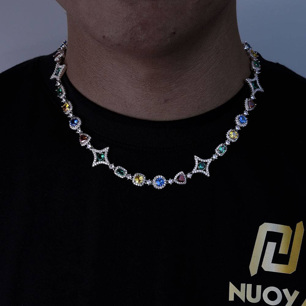 Rainbow Iced Cuban White Golden Necklaces Luxury Multi-CZ