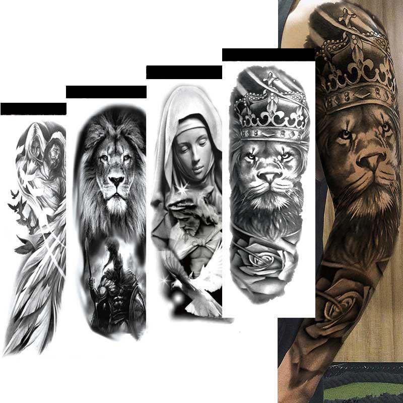 5 Sheet Full Arm Temporary Tattoo Jesus Queen Skeleton Lion King