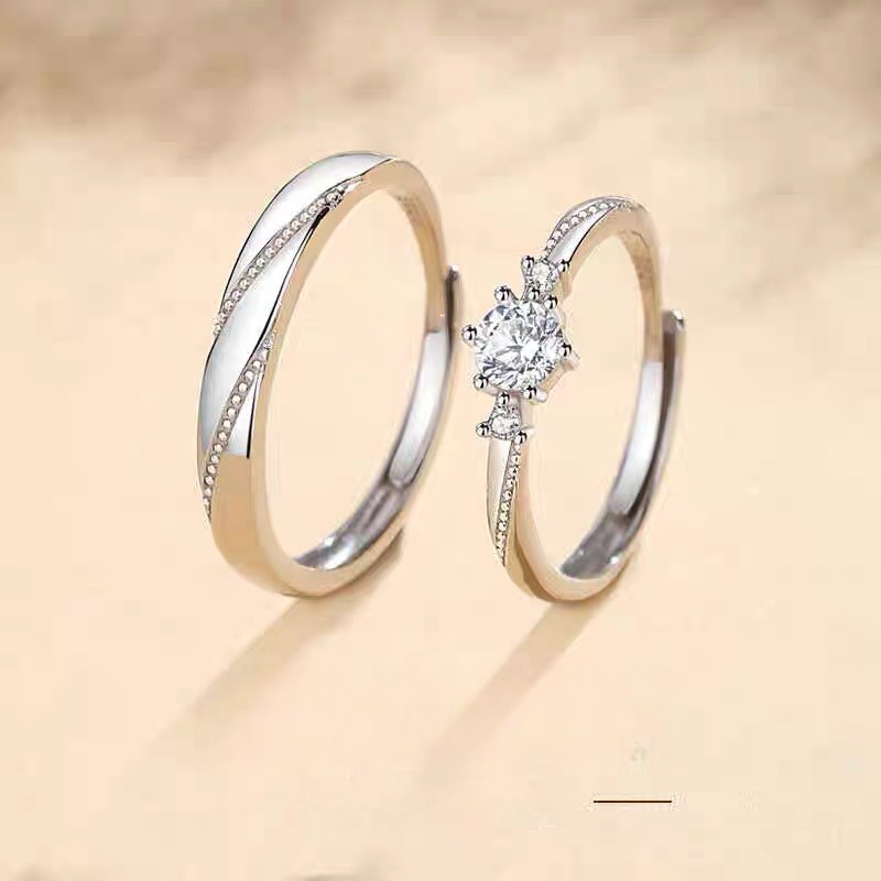 S999 Silver Couple Rings Adjustable Set for Promise/Wedding