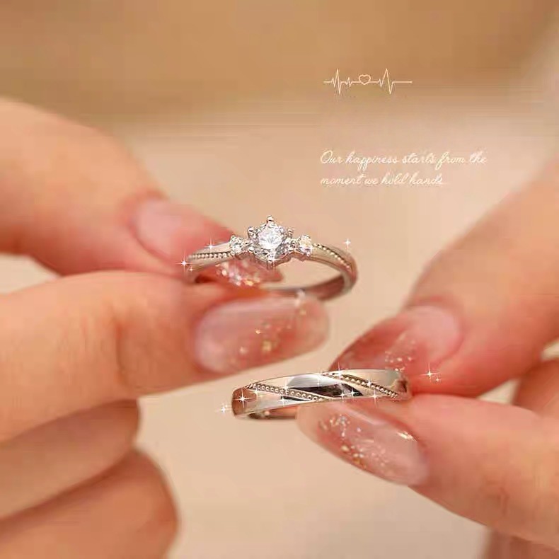 S999 Silver Couple Rings Adjustable Set for Promise/Wedding