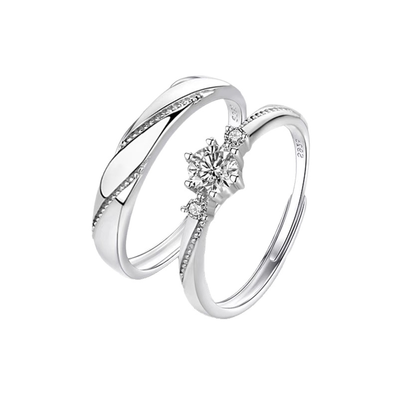 S999 Silver Couple Rings Adjustable Set for Promise/Wedding