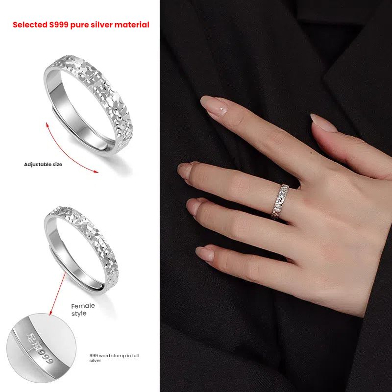 Frosted Fine Silver Couple Rings - S999 Adjustable Bands