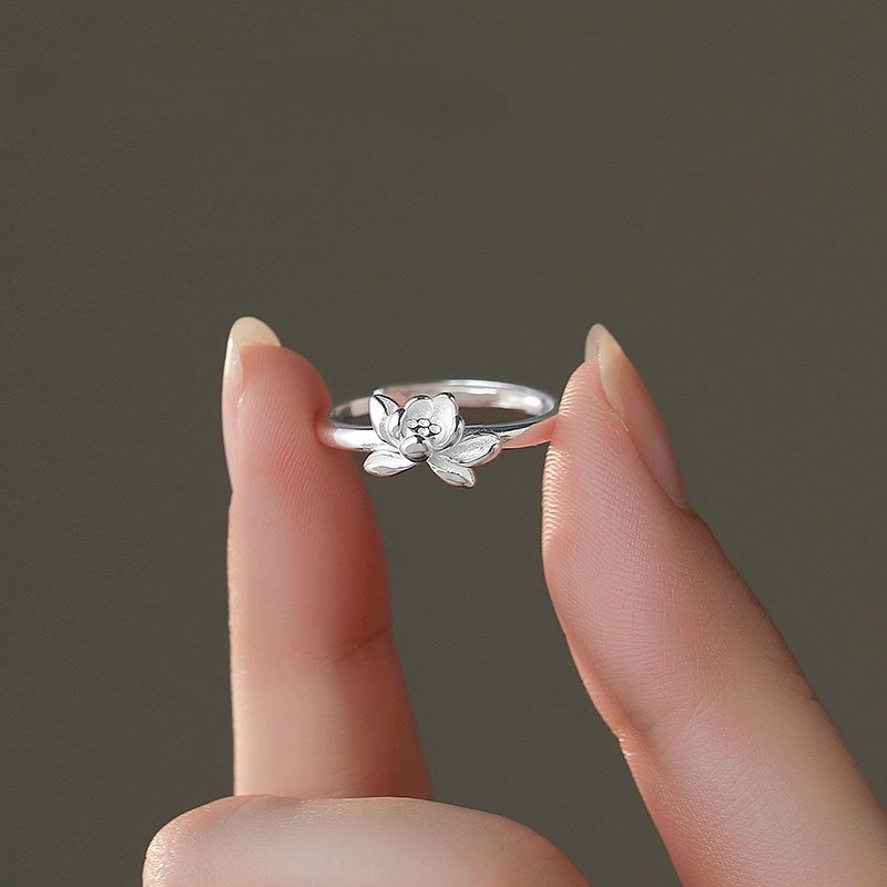 Fine Silver Lotus Adjustable Ring - Nature-Inspired for Women