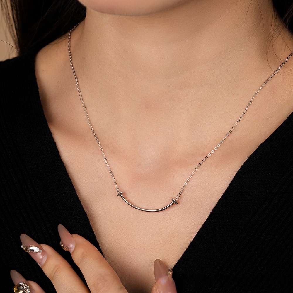 Smiley Face Arc Necklace for Women - S925 Minimalist Pendant