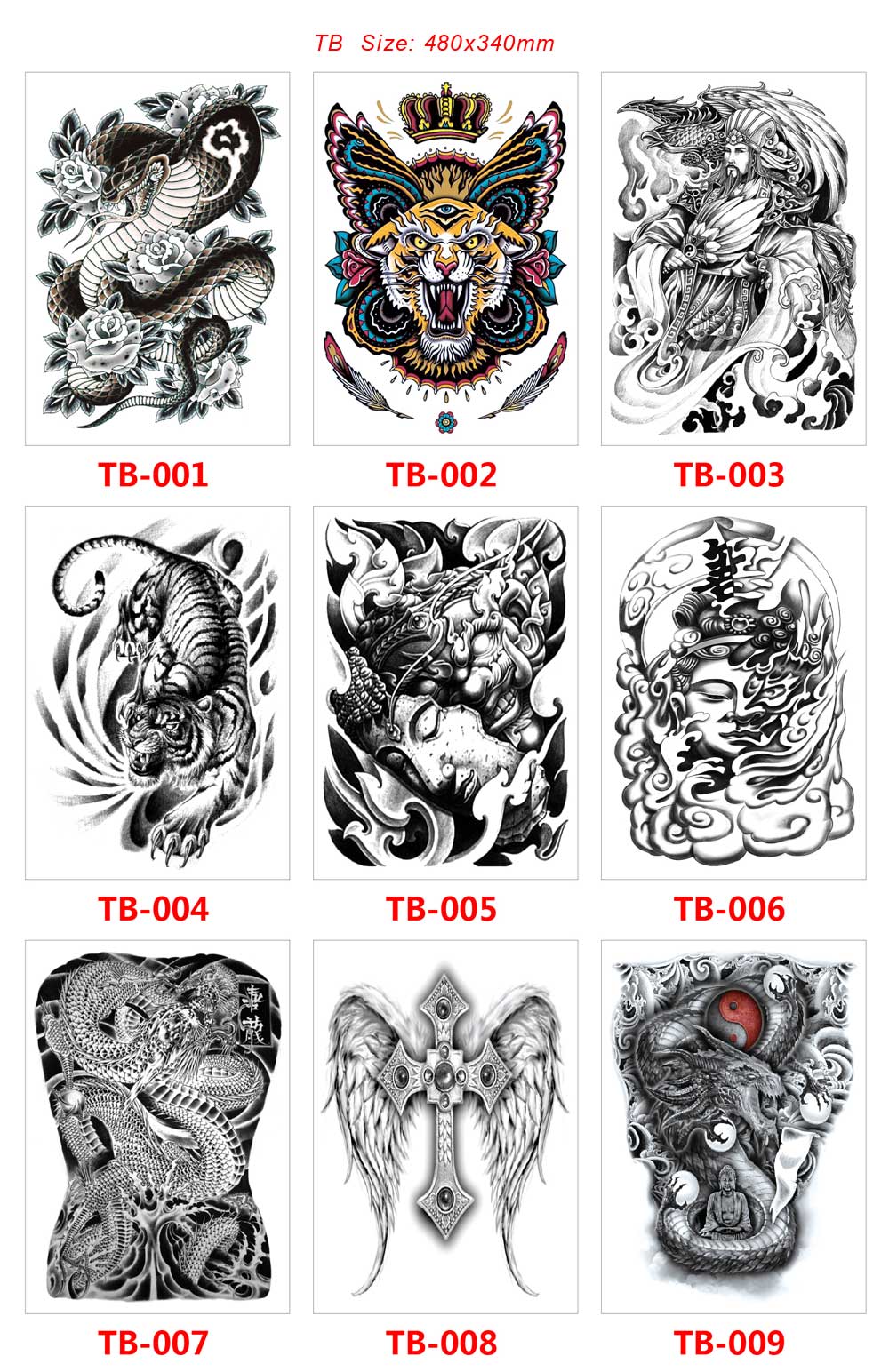 3 Sheets Big Full Back Angel Animal Geisha God Tattoo Stickers