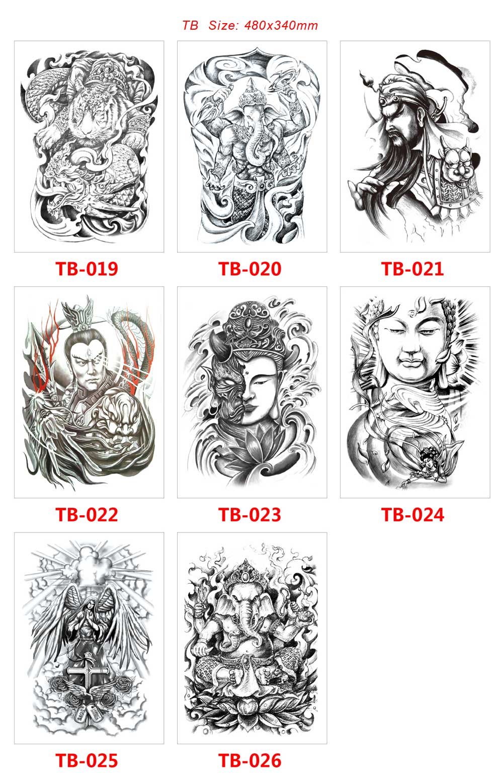 3 Sheets Big Full Back Angel Animal Geisha God Tattoo Stickers