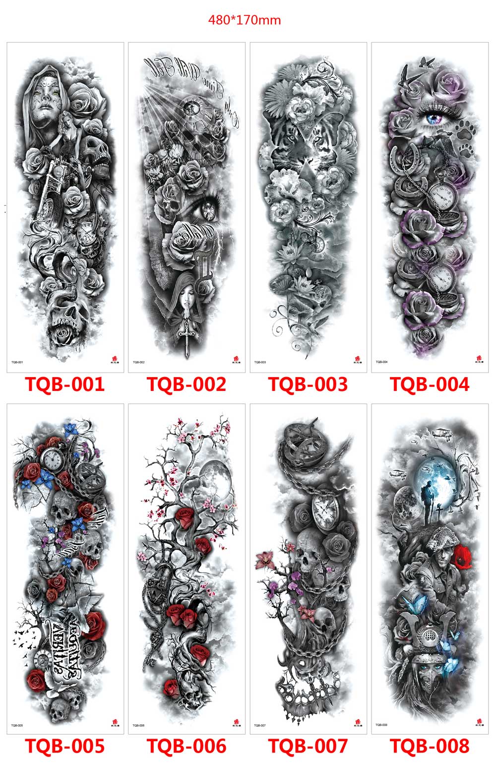 5 Sheet Full Arm Sleeve Tattoo Stickers TQB Series 001-080