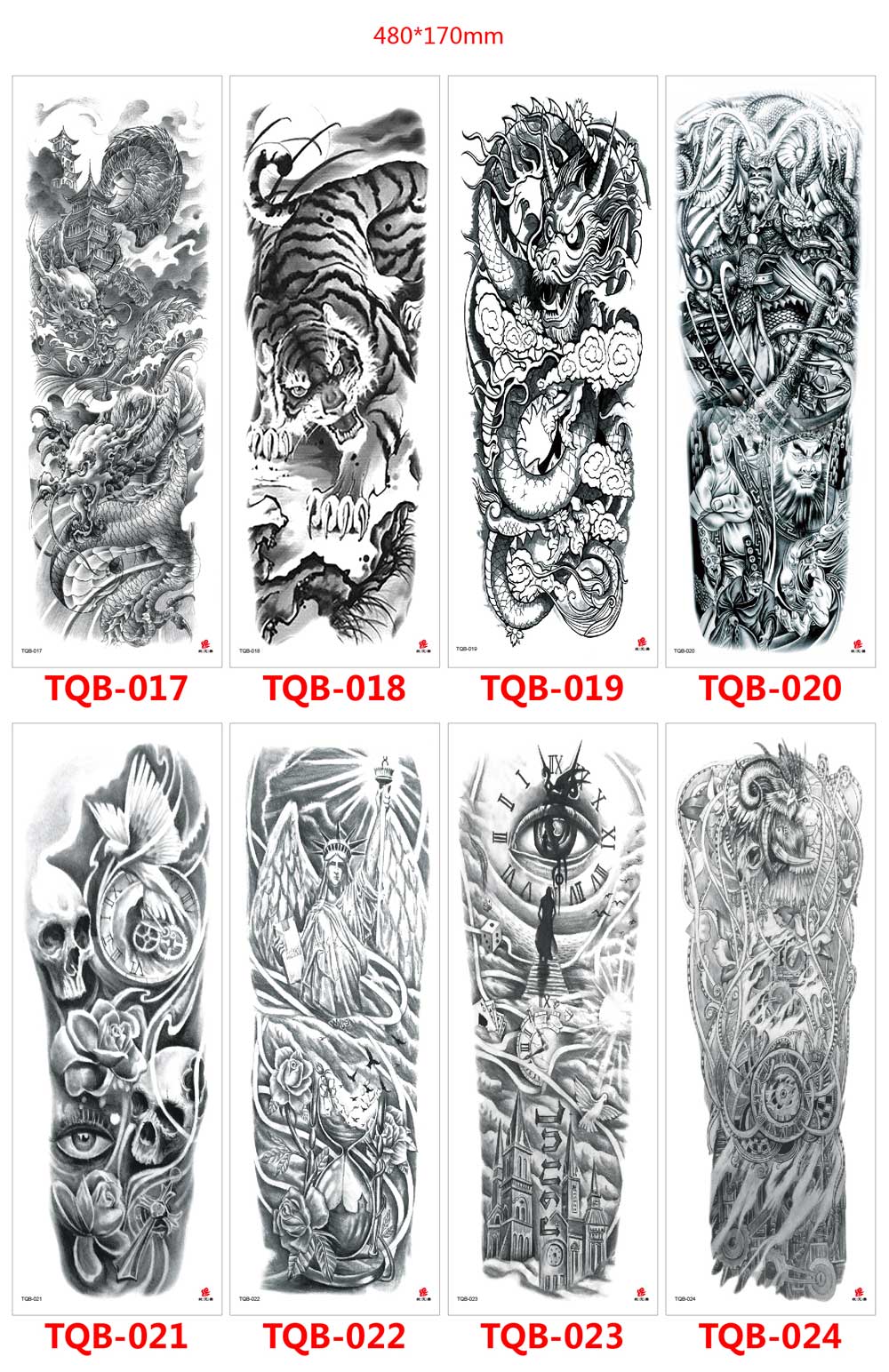 5 Sheet Full Arm Sleeve Tattoo Stickers TQB Series 001-080