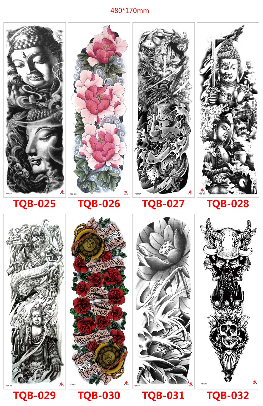 5 Sheet Full Arm Sleeve Tattoo Stickers TQB Series 001-080