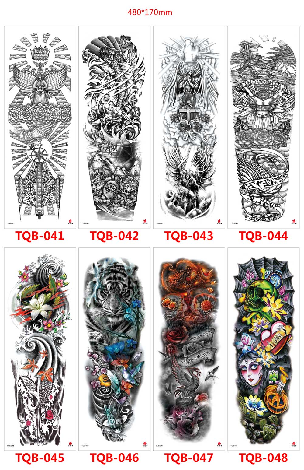 5 Sheet Full Arm Sleeve Tattoo Stickers TQB Series 001-080