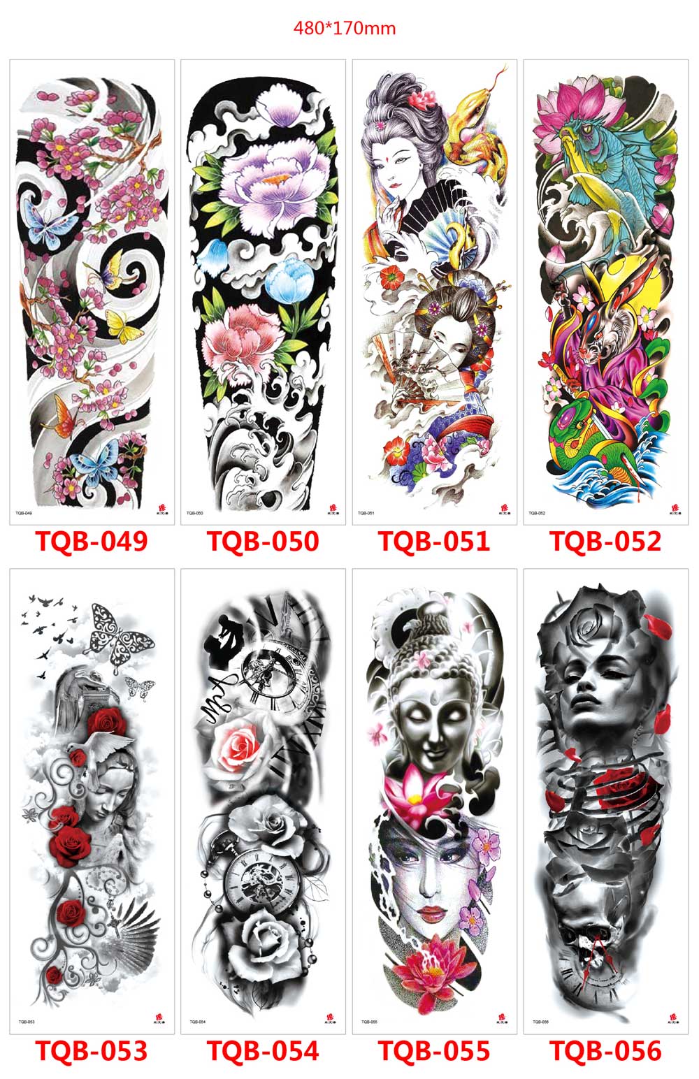 5 Sheet Full Arm Sleeve Tattoo Stickers TQB Series 001-080