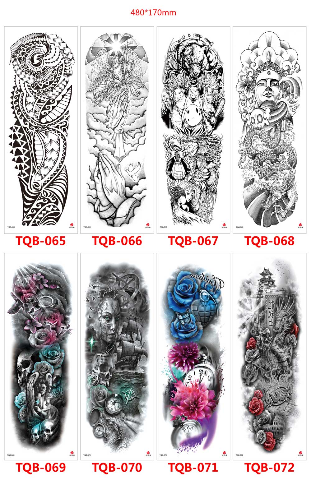 5 Sheet Full Arm Sleeve Tattoo Stickers TQB Series 001-080