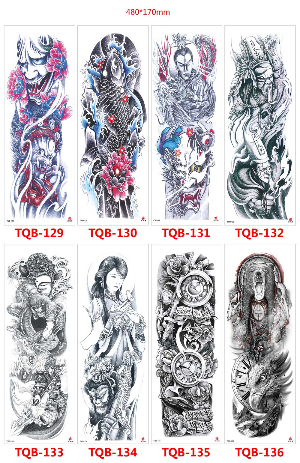 5 Sheet Full Arm Tattoo Stickers TQB Series 081-160