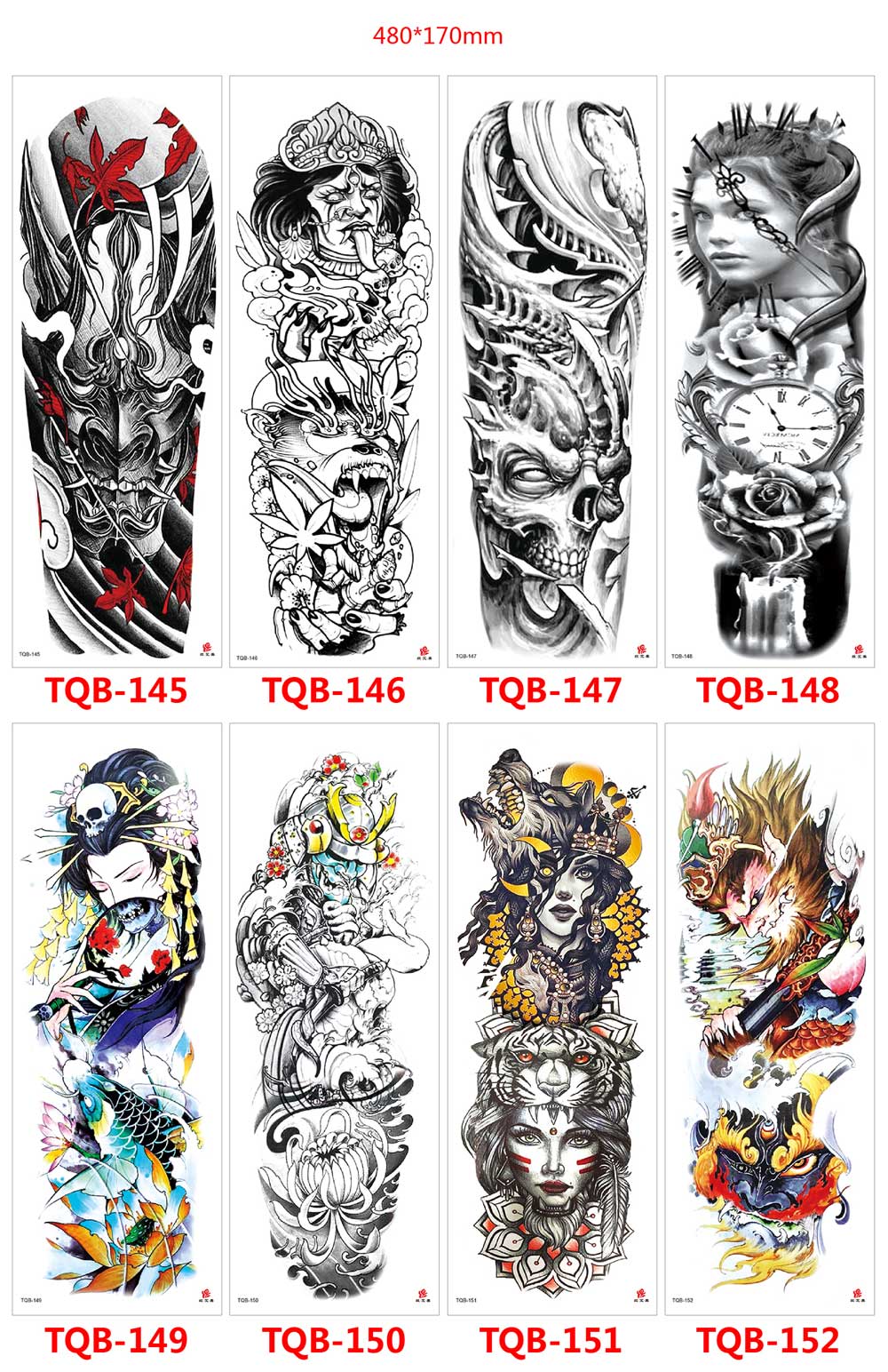 5 Sheet Full Arm Tattoo Stickers TQB Series 081-160