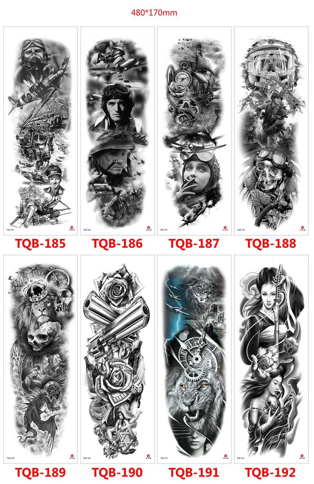 5 Sheet Full Arm Tattoo Stickers TQB Series 161-240