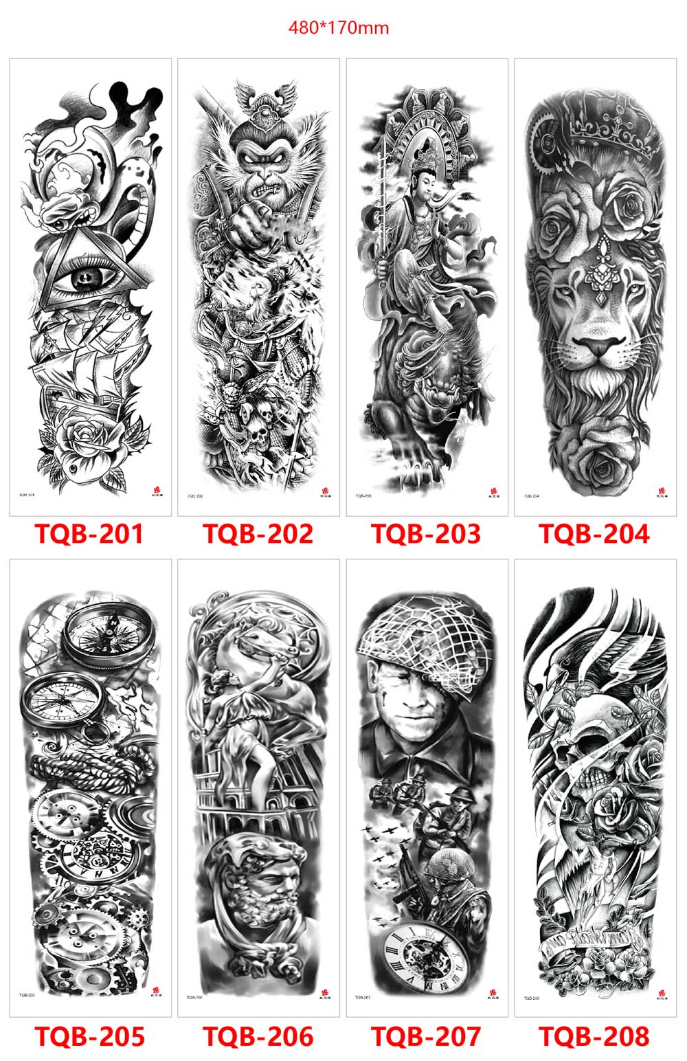 5 Sheet Full Arm Tattoo Stickers TQB Series 161-240