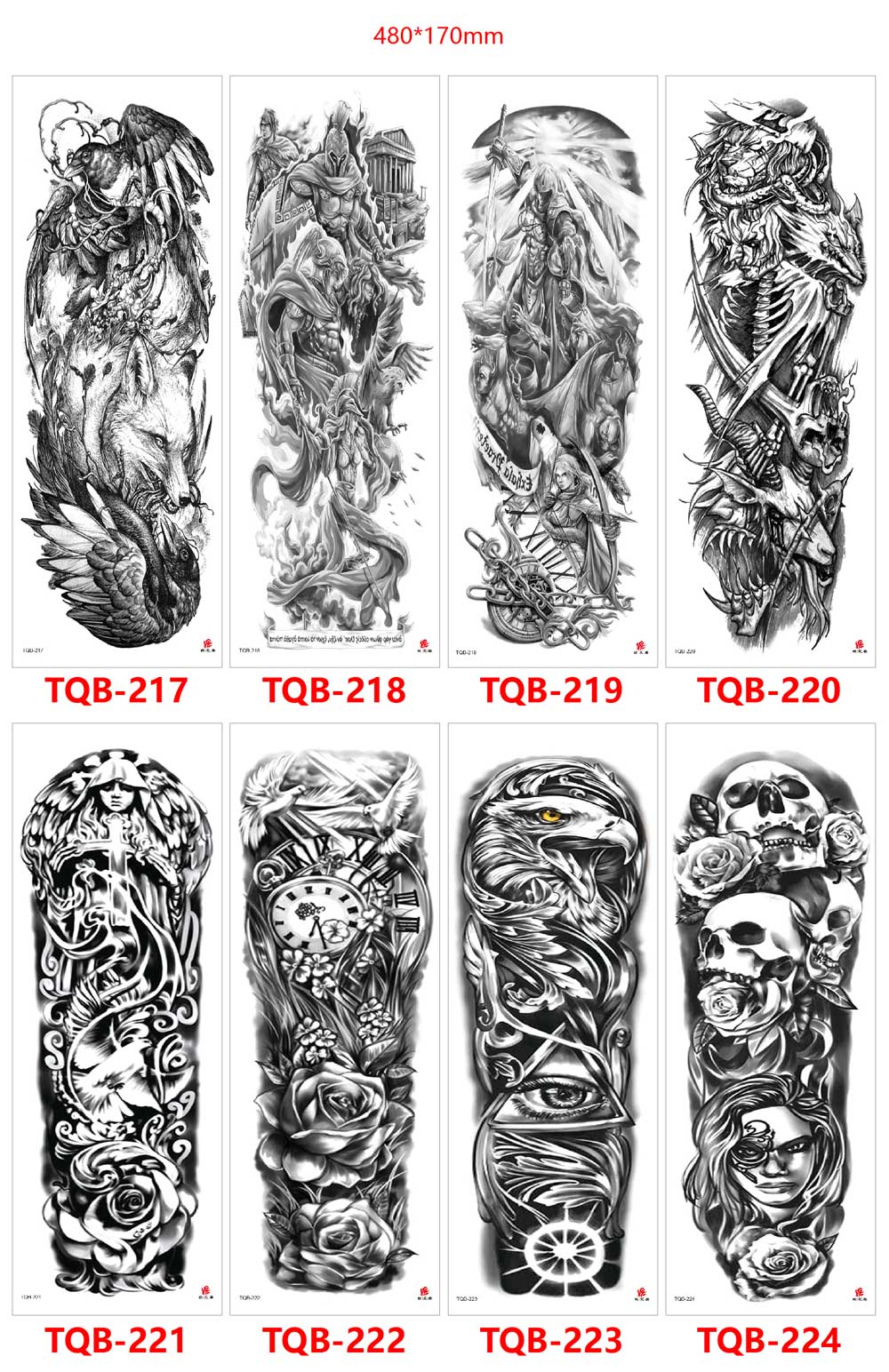 5 Sheet Full Arm Tattoo Stickers TQB Series 161-240