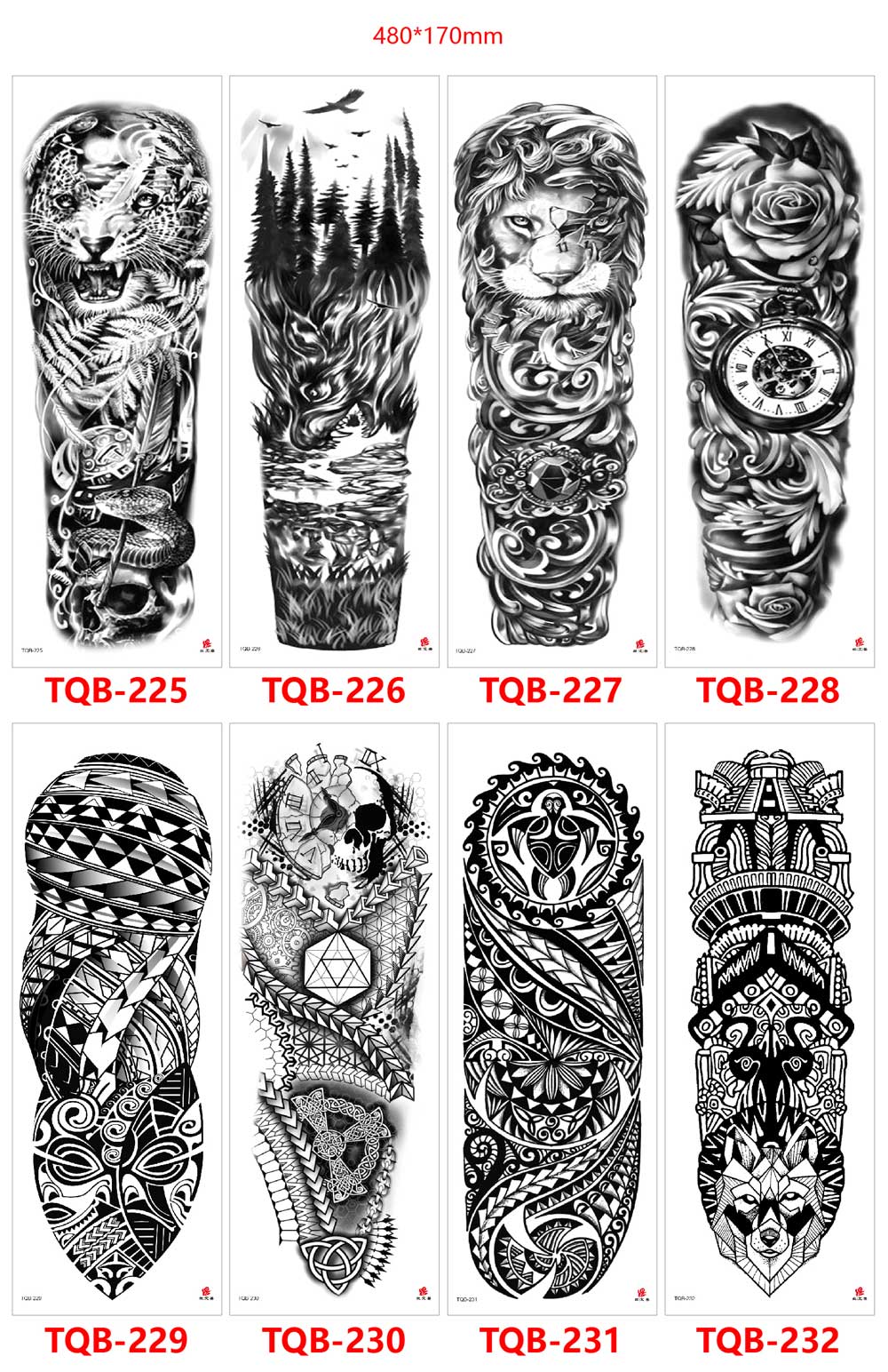 5 Sheet Full Arm Tattoo Stickers TQB Series 161-240