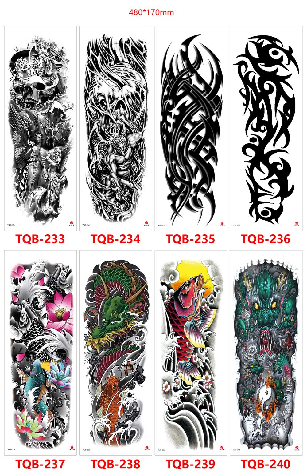 5 Sheet Full Arm Tattoo Stickers TQB Series 161-240