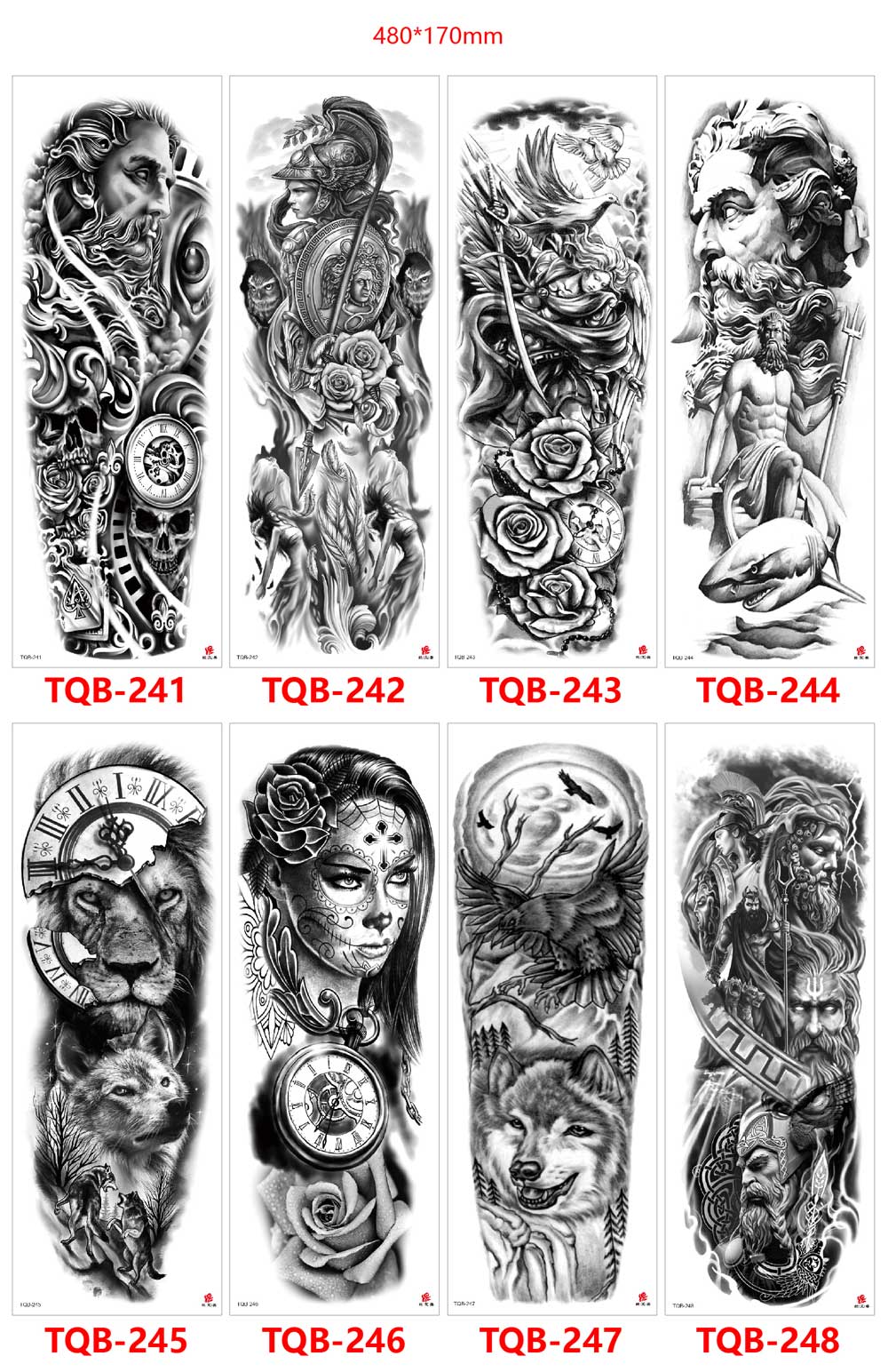 5 Sheet Full Arm Tattoo Stickers TQB Series 241-320