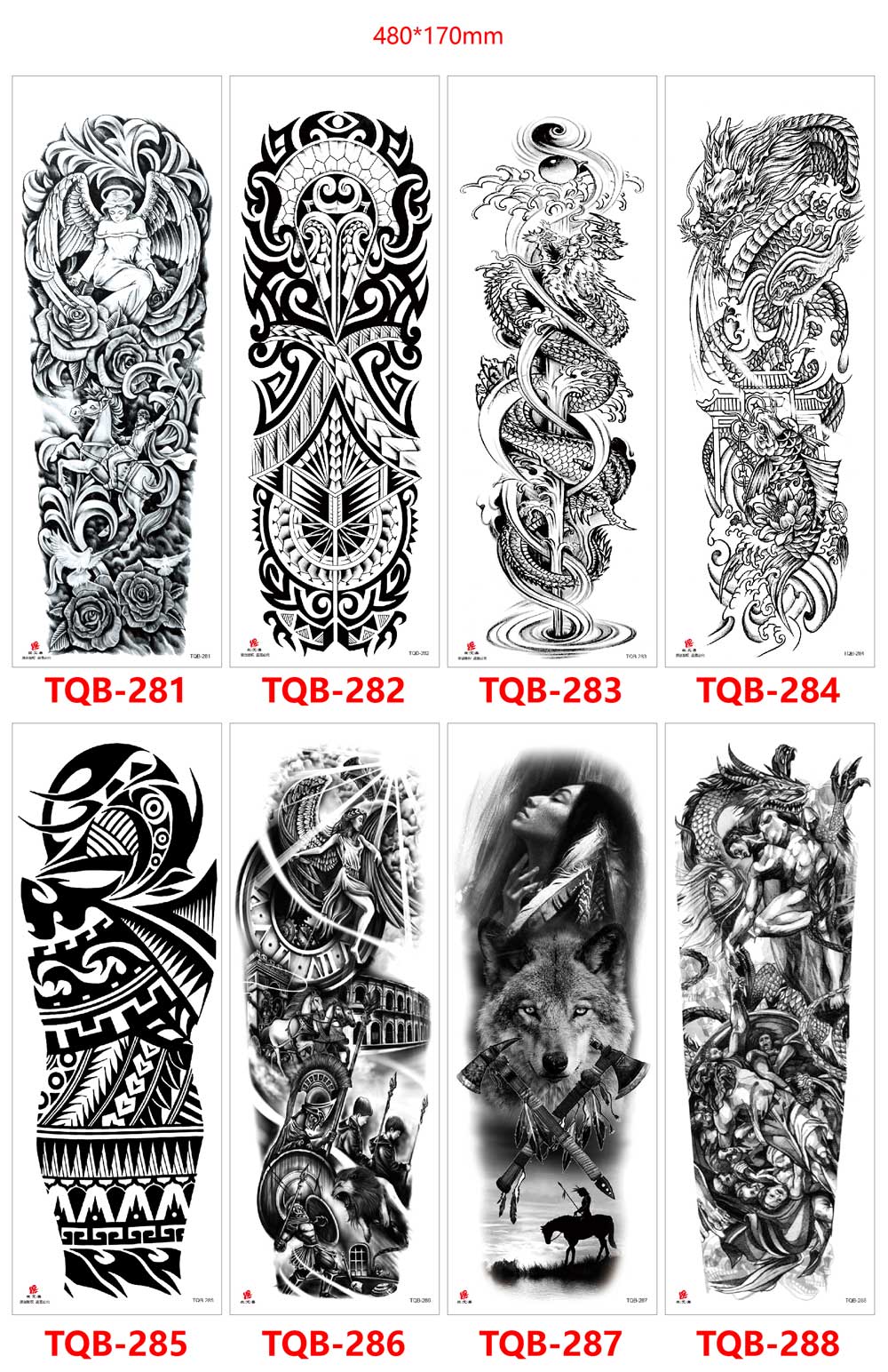 5 Sheet Full Arm Tattoo Stickers TQB Series 241-320