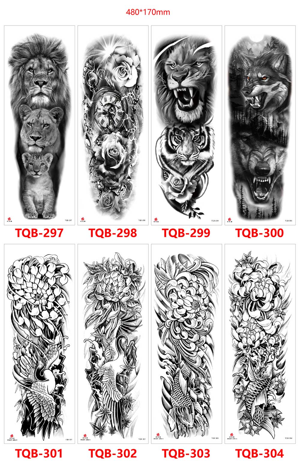 5 Sheet Full Arm Tattoo Stickers TQB Series 241-320