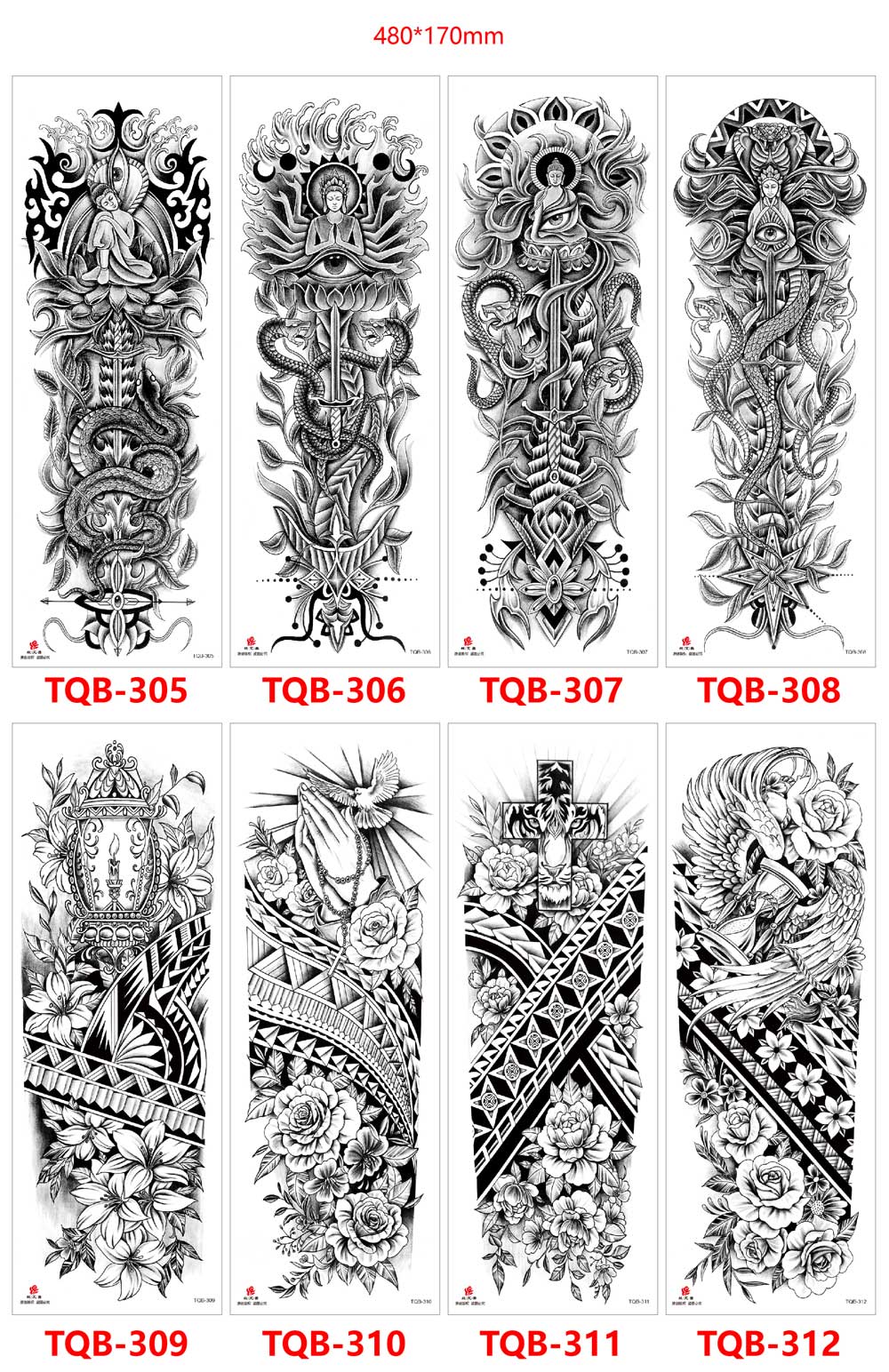 5 Sheet Full Arm Tattoo Stickers TQB Series 241-320