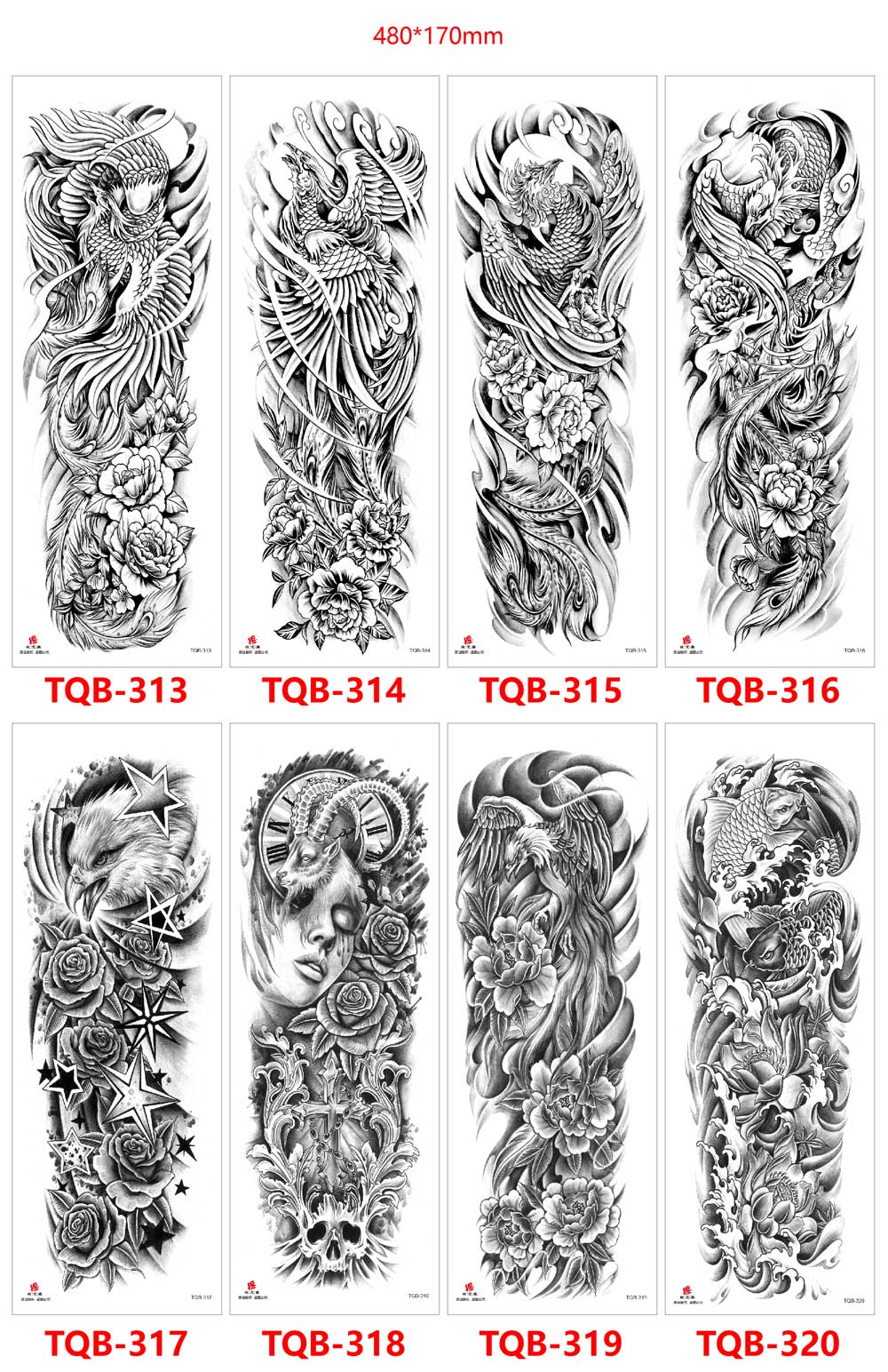 5 Sheet Full Arm Tattoo Stickers TQB Series 241-320