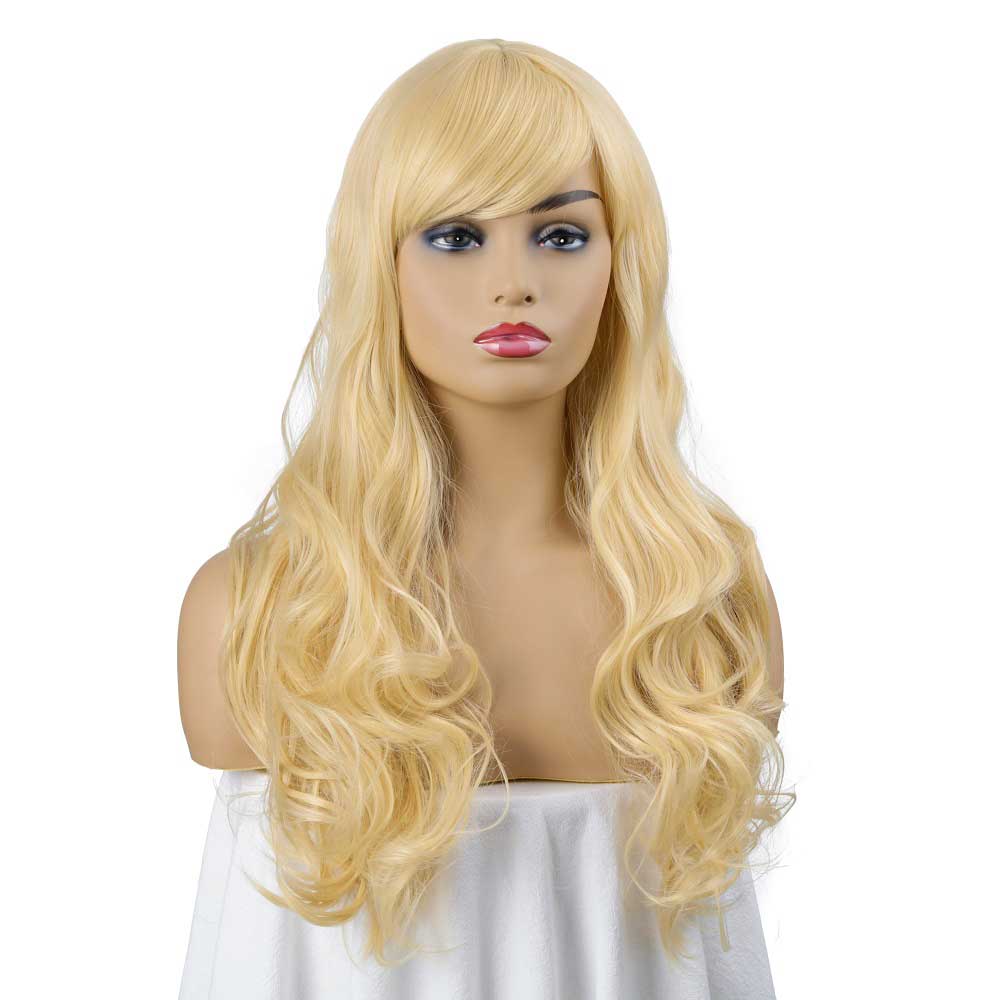 Light Blonde Long Curly Wavy Wig with Side Part Bangs Wig