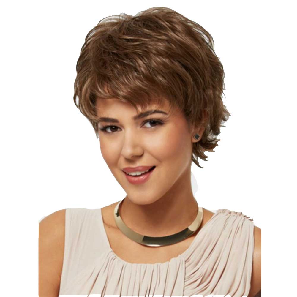 Short Brown Wig with Bangs Layered Pixie Cut Natural Curl