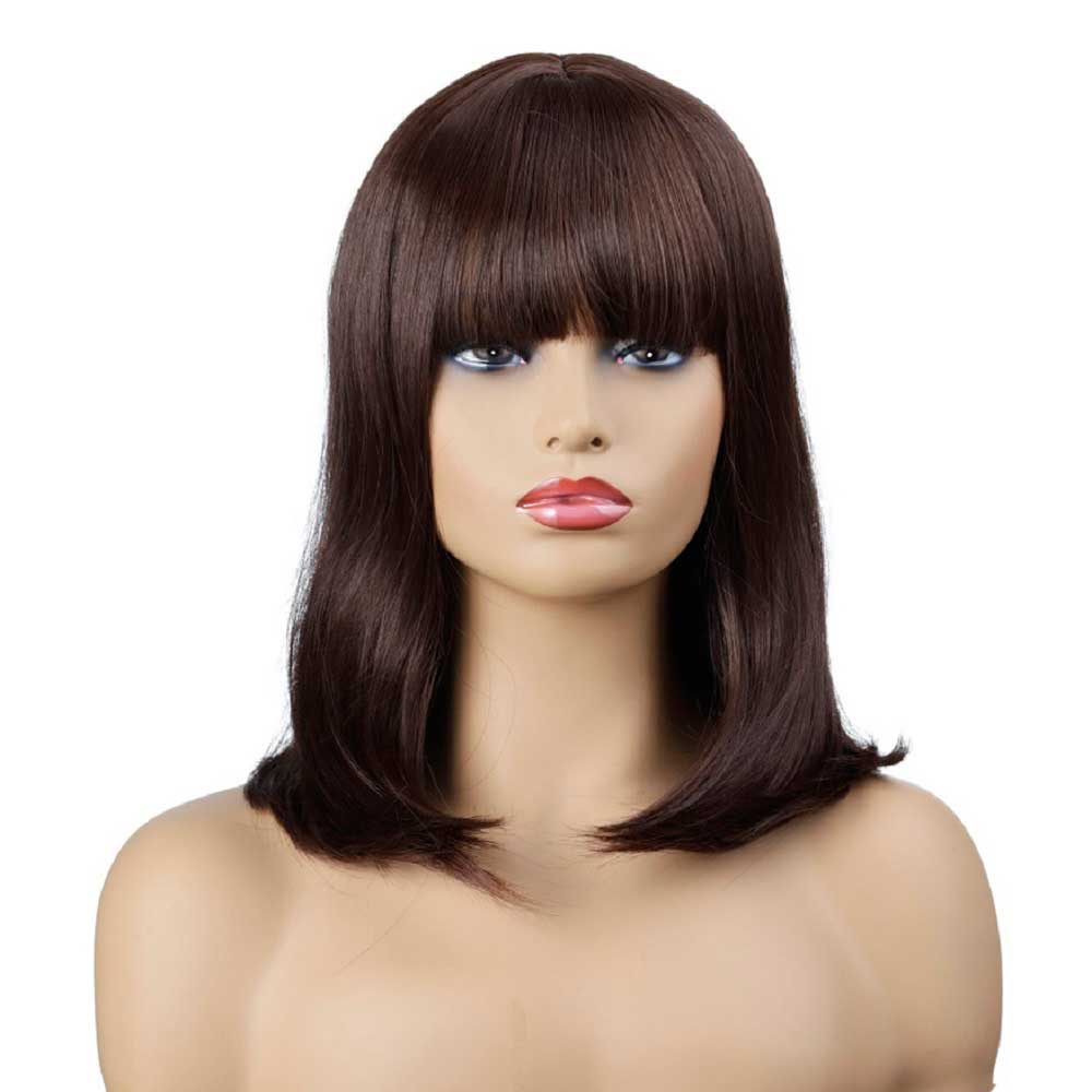 Brown Short Straight Wig With Flat Bangs Layed Bob Straight