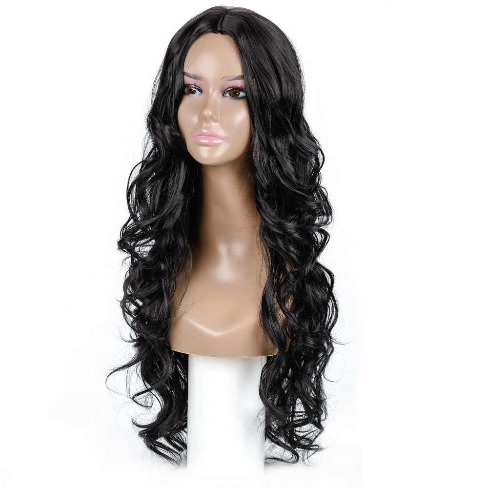 Long Wavy Black Middle Part Looking Natural Hair Wigs