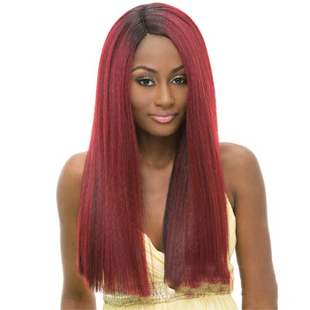 Wine Red Long Straight Wig Middle Parted with Dark Roots Natural