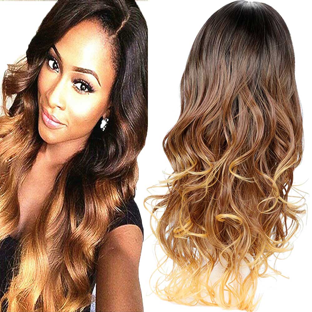 Long Wavy Ombre Brown Blonde Wave Natural Curls Heat Resistant