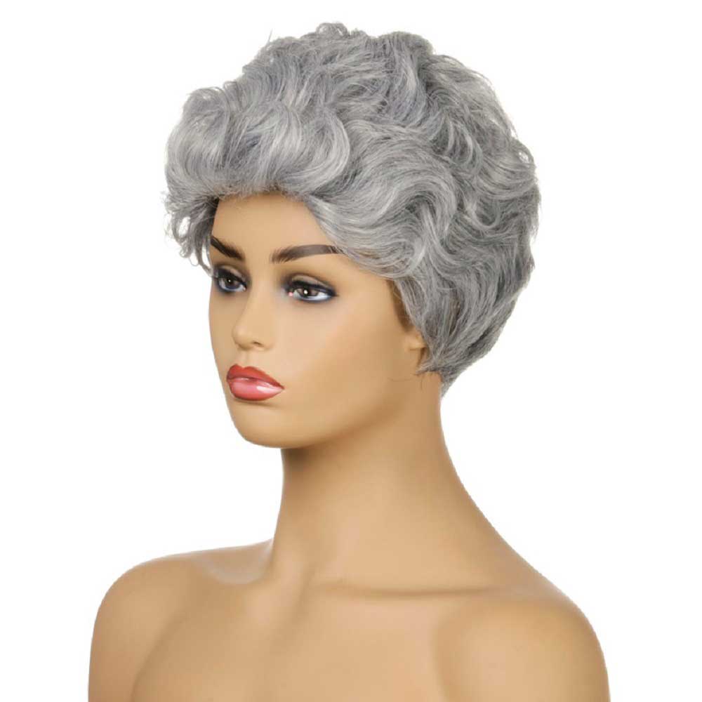 Short Curly Silver Gray Pixie Fluffy Wig for Old Grandma Cosplay