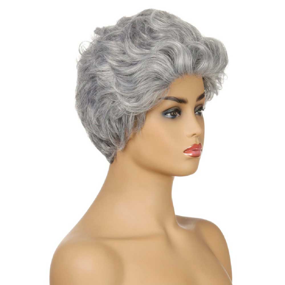 Short Curly Silver Gray Pixie Fluffy Wig for Old Grandma Cosplay