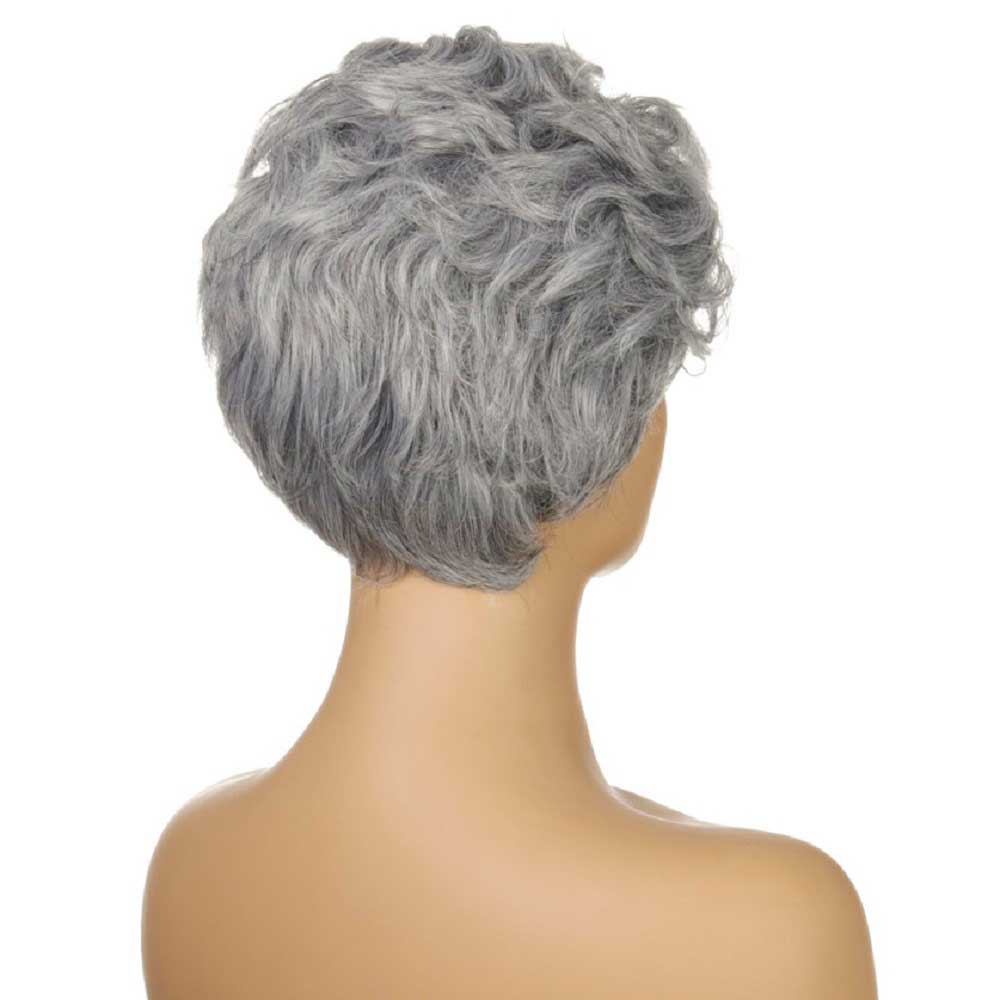Short Curly Silver Gray Pixie Fluffy Wig for Old Grandma Cosplay