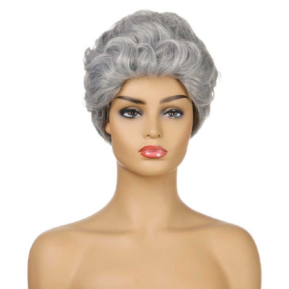 Short Curly Silver Gray Pixie Fluffy Wig for Old Grandma Cosplay