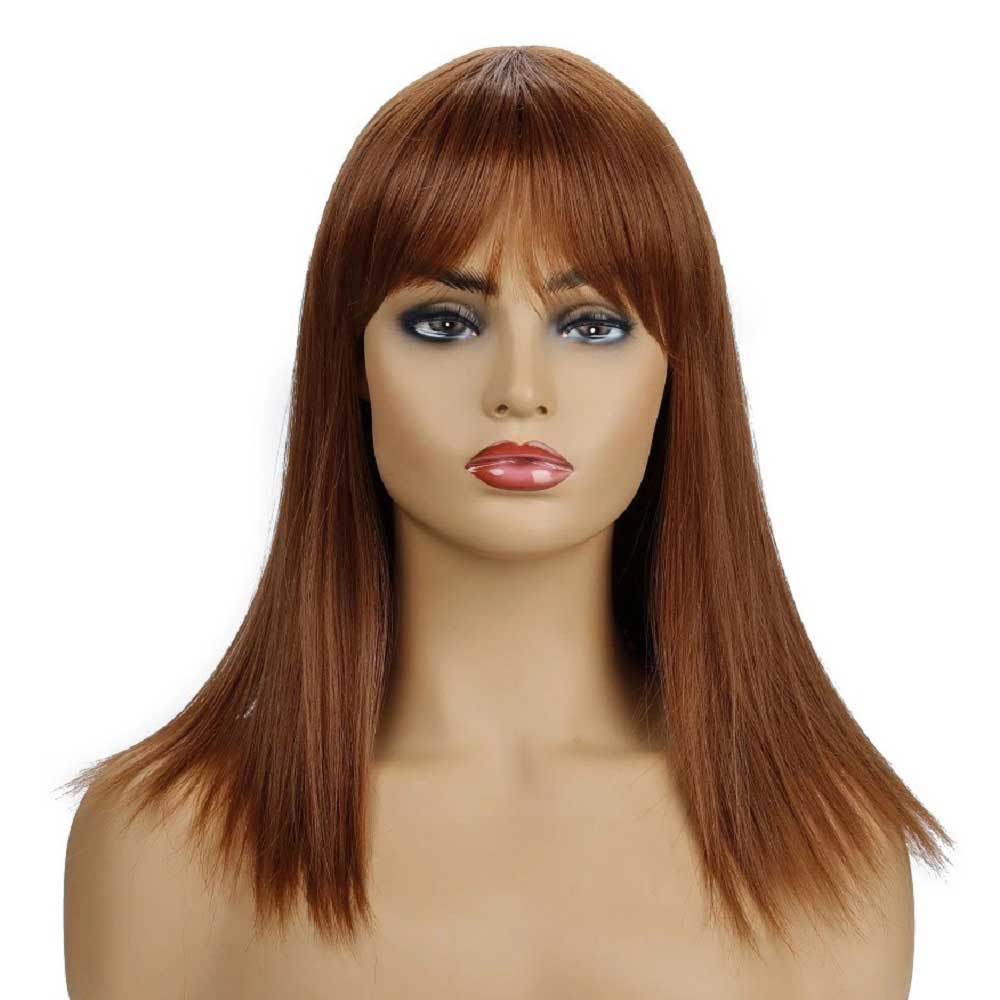 Long Natural Brown Straight Synthetic Layered Wigs with Bangs