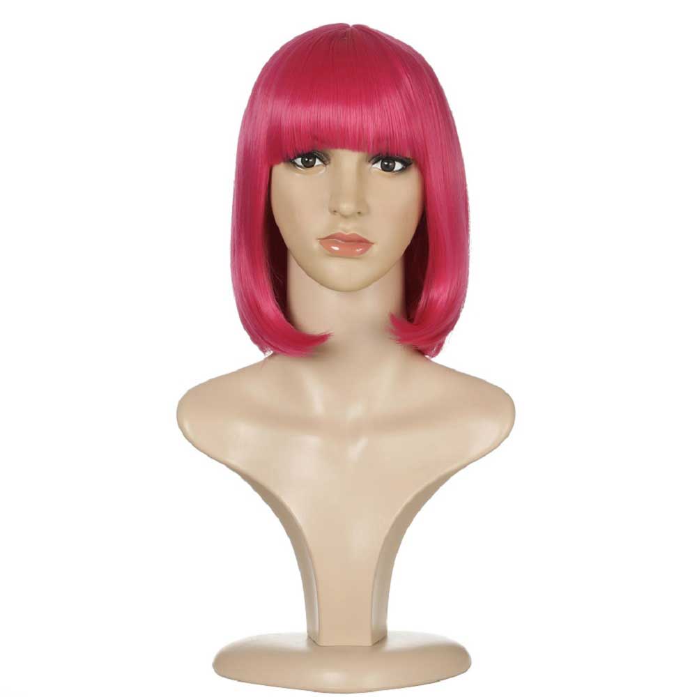 Shoulder Length Straight Rose Red Hair Bob Wigs with Bangs