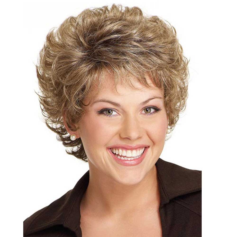 Short Curly Layered Natural Fluffy Wig with Bangs Heat Resistant