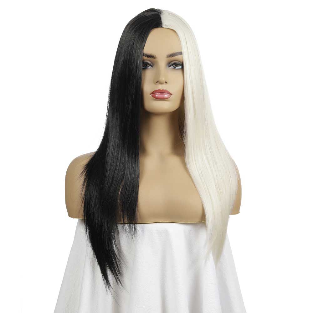 Half Black Half White Wigs Long Straight Anime Cosplay Wigs