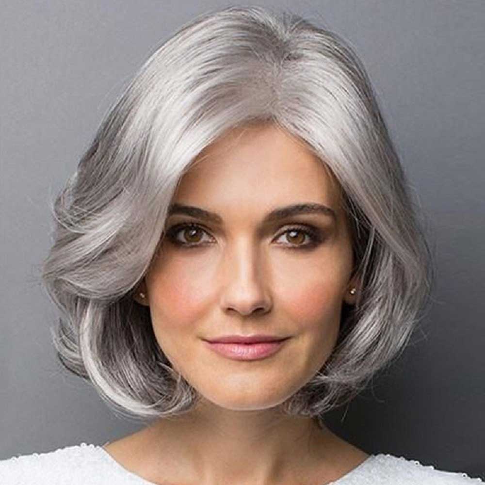 Silver Grey Short Wavy Medium Length Wigs Natural Looking