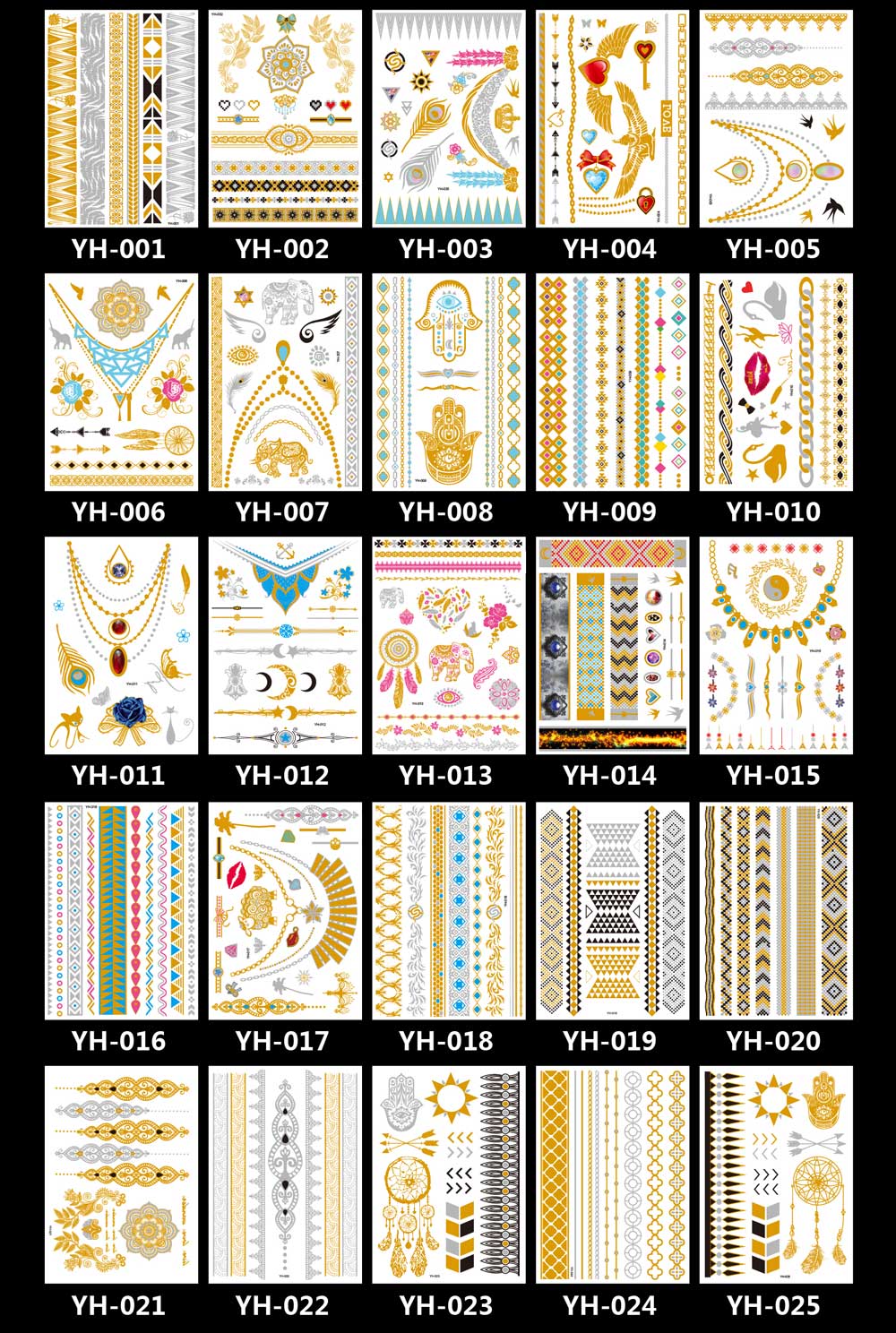 9 Sheet Metallic Jewelry Fake Temporary Tattoo Stickers